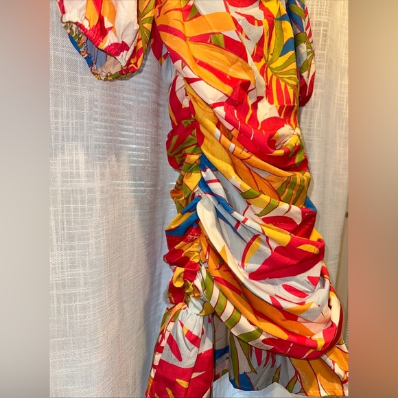 Flying Tomato Womens Sz L Mini Dress Colorful Vacation Tropical Puff Sleeve - Picture 8 of 12